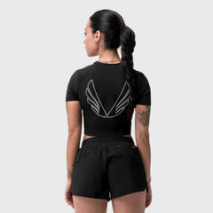 W019. LYCRA® Cropped Tee - Black "Big Wings"