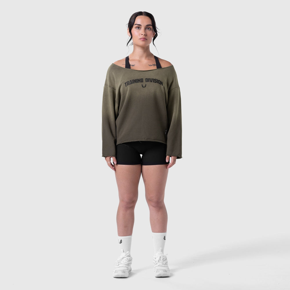 W049. Raw Hem Oversized Crewneck - Olive Sun Fade