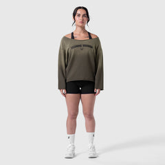 W049. Raw Hem Oversized Crewneck - Olive Sun Fade