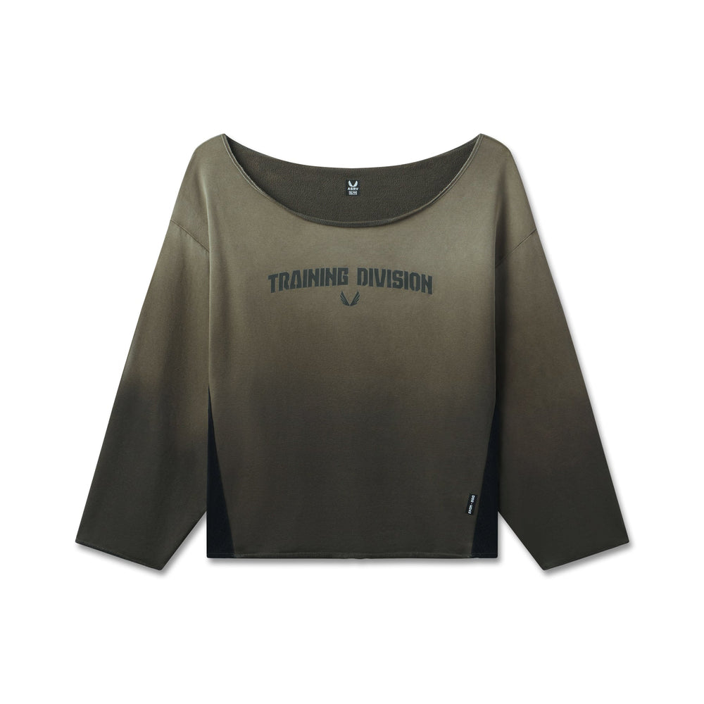 W049. Raw Hem Oversized Crewneck - Olive Sun Fade
